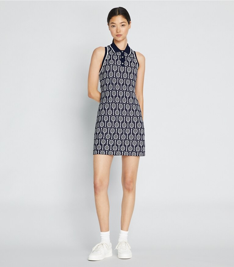 Tory Sport designer robes Robe débardeur polo en maille technique in Tory Navy Racquets front