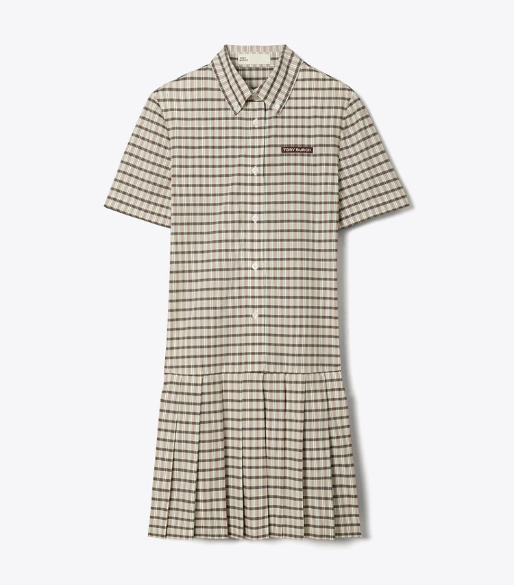 Tory Burch designer robes Robe de golf à carreaux, à taille basse et plissée dans Ivory / Black Plaid de face