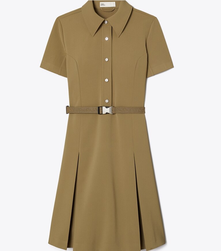 Tory Burch designer robes Robe de golf à manches courtes et à pinces dans Olive de face