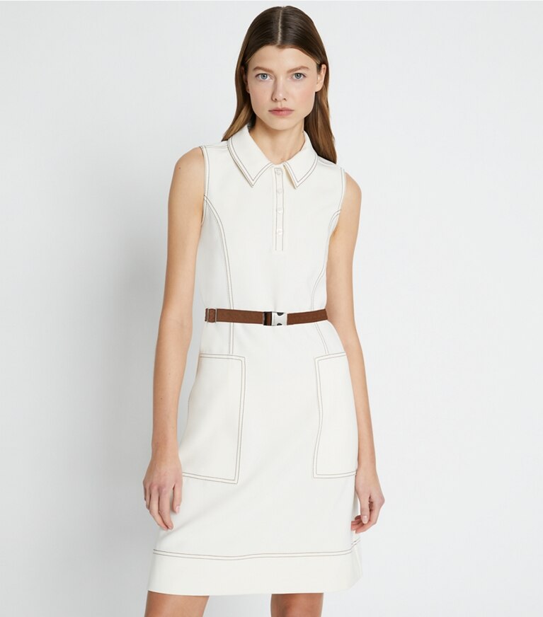 Tory Burch designer robes Robe de golf à surpiqûres in NEW IVORY on model detail