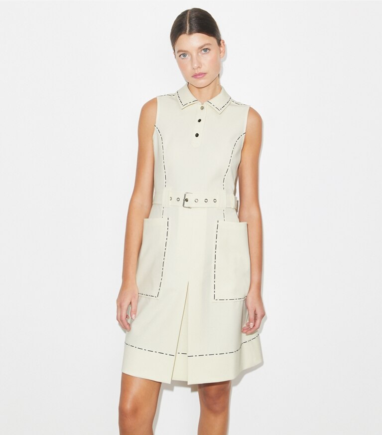 Tory Burch designer robes Robe de golf extensible à surpiqûres in New Ivory on model detail