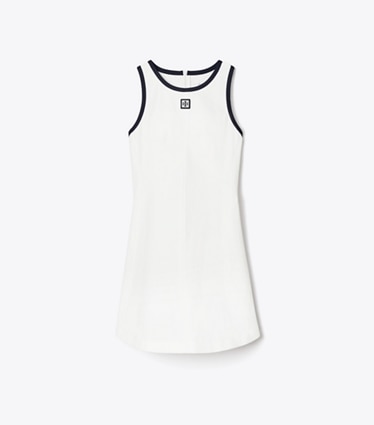 Tory Burch designer robes Robe de tennis en jersey à dos nageur in Snow White / Deep Navy front