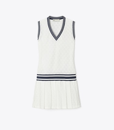 Tory Sport designer robes Robe de tennis en molleton jacquard in Snow White front