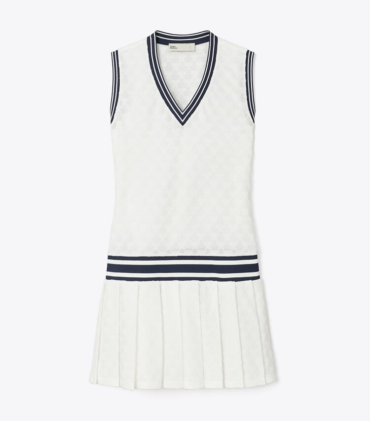 Tory Sport designer robes Robe de tennis en molleton jacquard in Snow White front