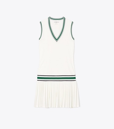 Tory Sport designer robes Robe de tennis performance à col V in Snow White / Evergreen front