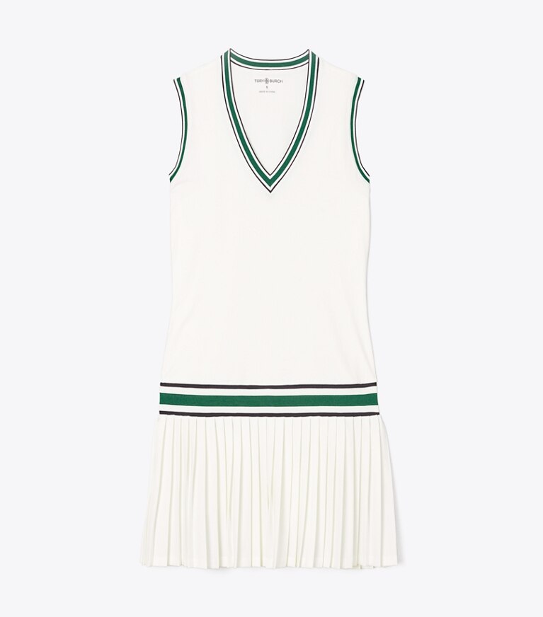 Tory Sport designer robes Robe de tennis performance à col V in Snow White / Evergreen front