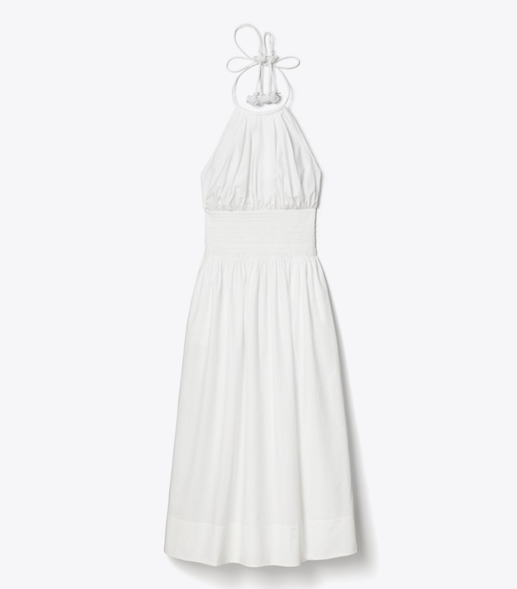 Tory Burch designer robes Robe dos nu en popeline smockée in White front