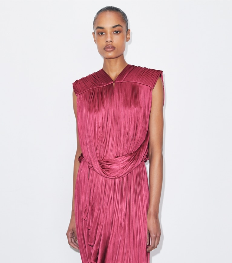 Tory Burch designer robes Robe drapée en jersey in Cranberry front