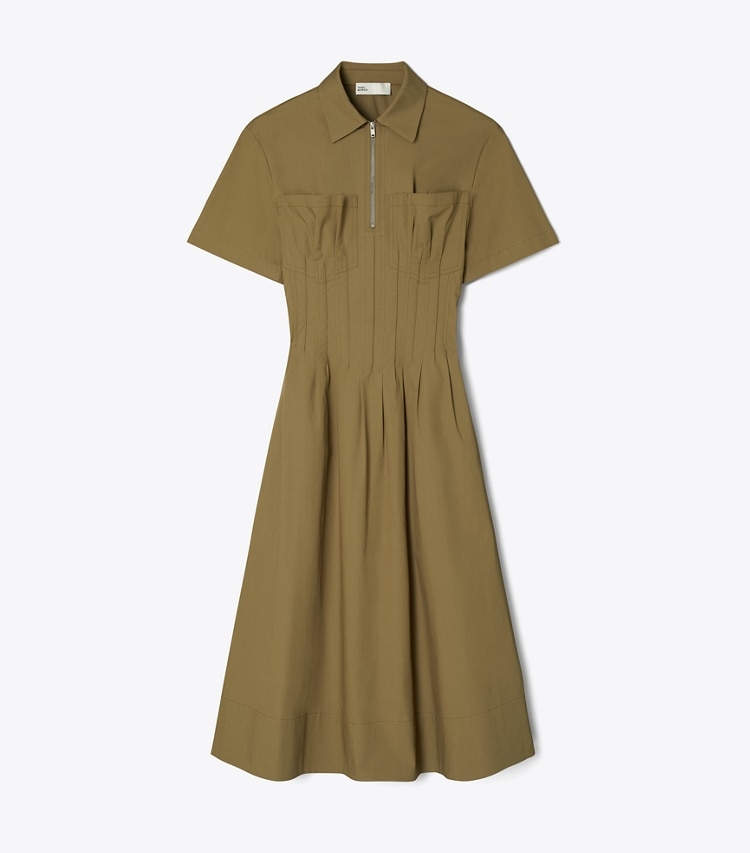 Tory Burch designer robes Robe en popeline à taille plissée dans Olive de face