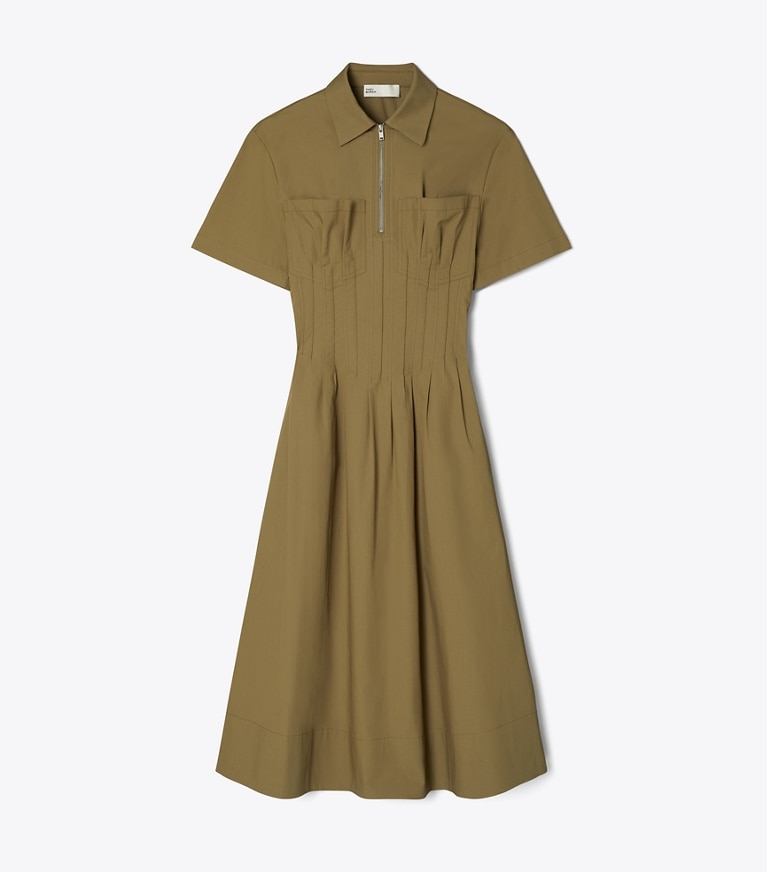 Tory Burch designer robes Robe en popeline à taille plissée dans Olive de face