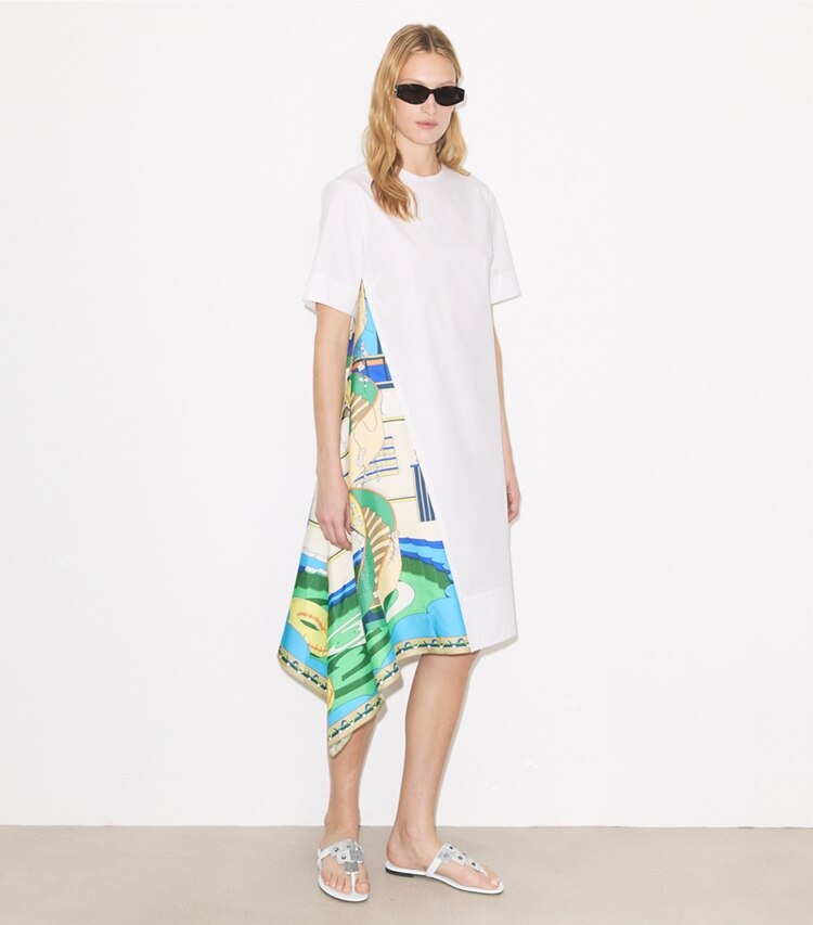 Tory Burch designer robes Robe en coton avec empiècements en soie dans White sur modèle, de face