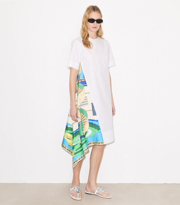 Tory Burch designer robes Robe en coton avec empiècements en soie dans White sur modèle, de face
