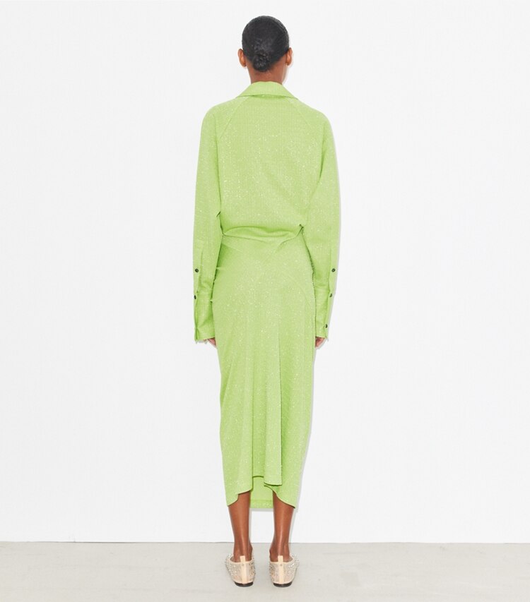 Tory Burch designer robes Robe en jacquard à poignets dans Bright Green sur modèle, de dos