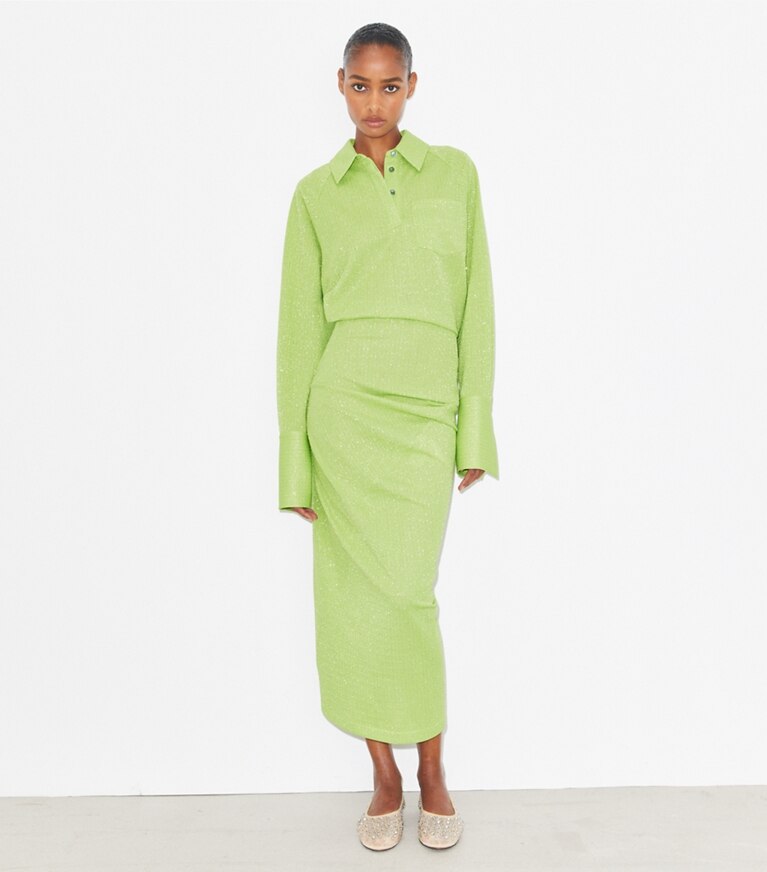Tory Burch designer robes Robe en jacquard à poignets dans Bright Green sur modèle, de face