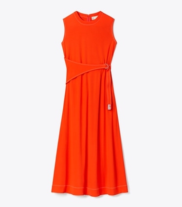 Tory Burch designer robes Robe en jersey à ceinture in Deep Poppy front