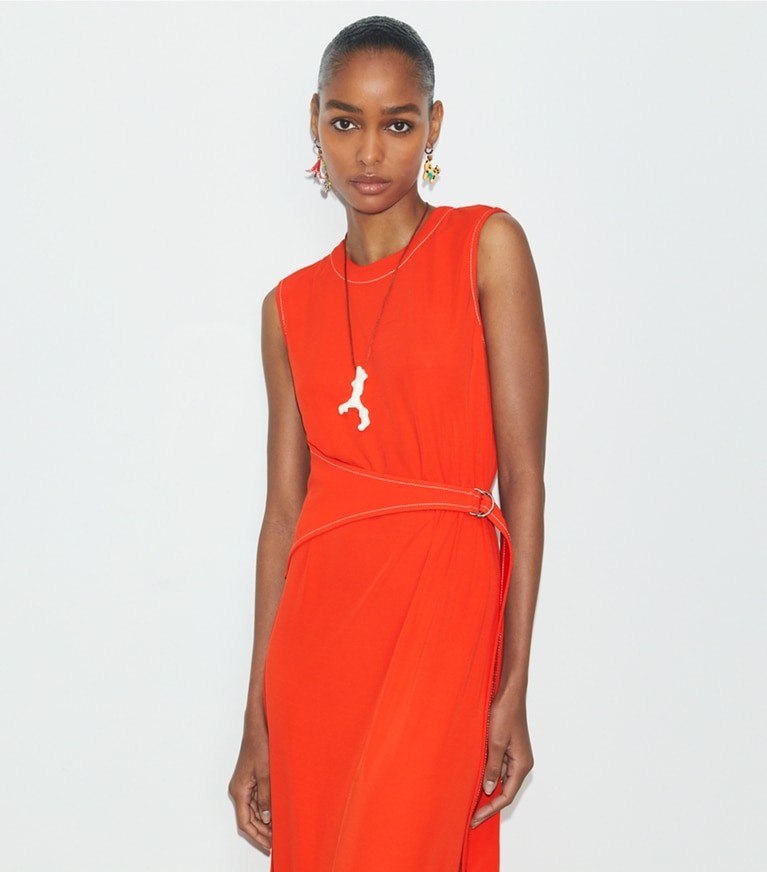 Tory Burch designer robes Robe en jersey à ceinture in Deep Poppy front