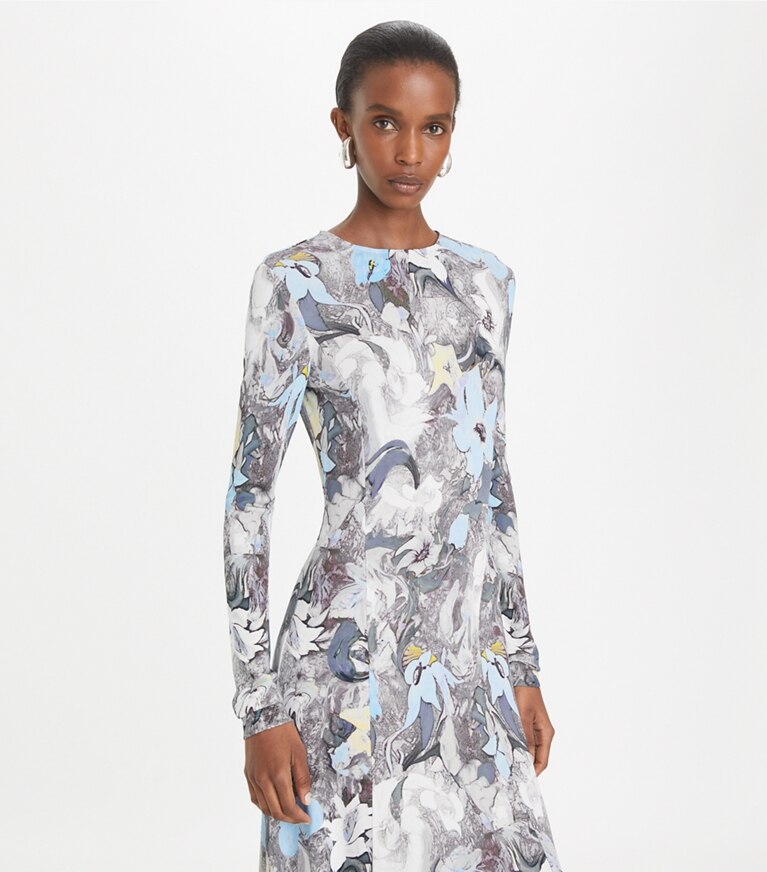 Tory Burch designer robes Robe en jersey de viscose imprimée in Blue Abstract Floral front