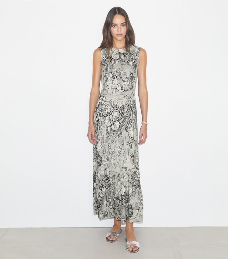 Tory Burch designer robes Robe en jersey imprimée in Grey Alien sur mannequin, devant