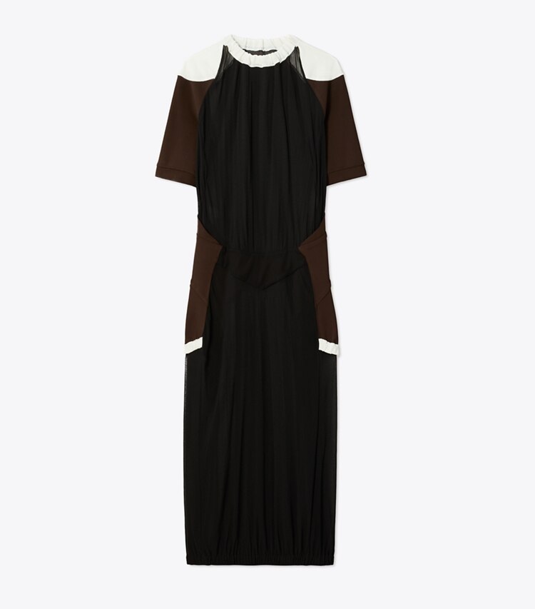 Tory Burch designer robes Robe en jersey transparent à blocs de couleurs dans Black de face