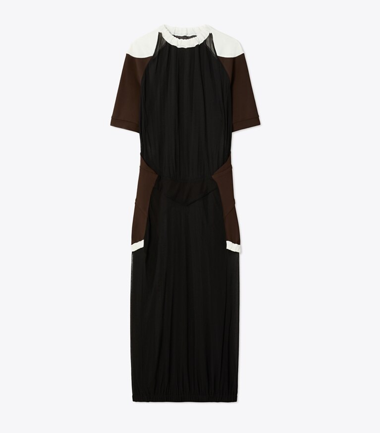 Tory Burch designer robes Robe en jersey transparent à blocs de couleurs dans Black de face
