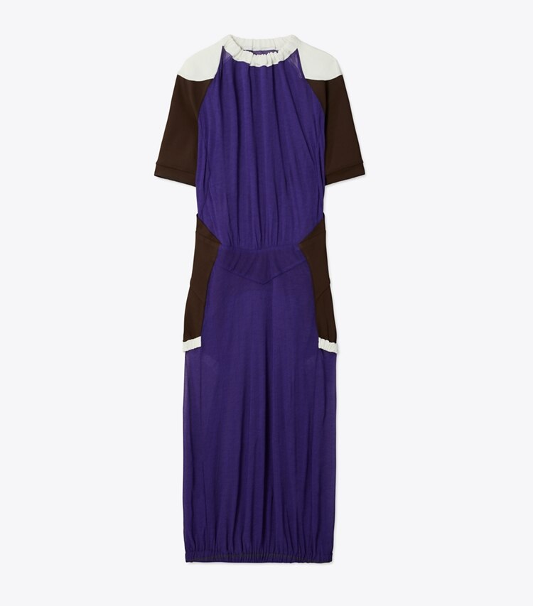 Tory Burch designer robes Robe en jersey transparent à blocs de couleurs dans Ballpoint Blue de face