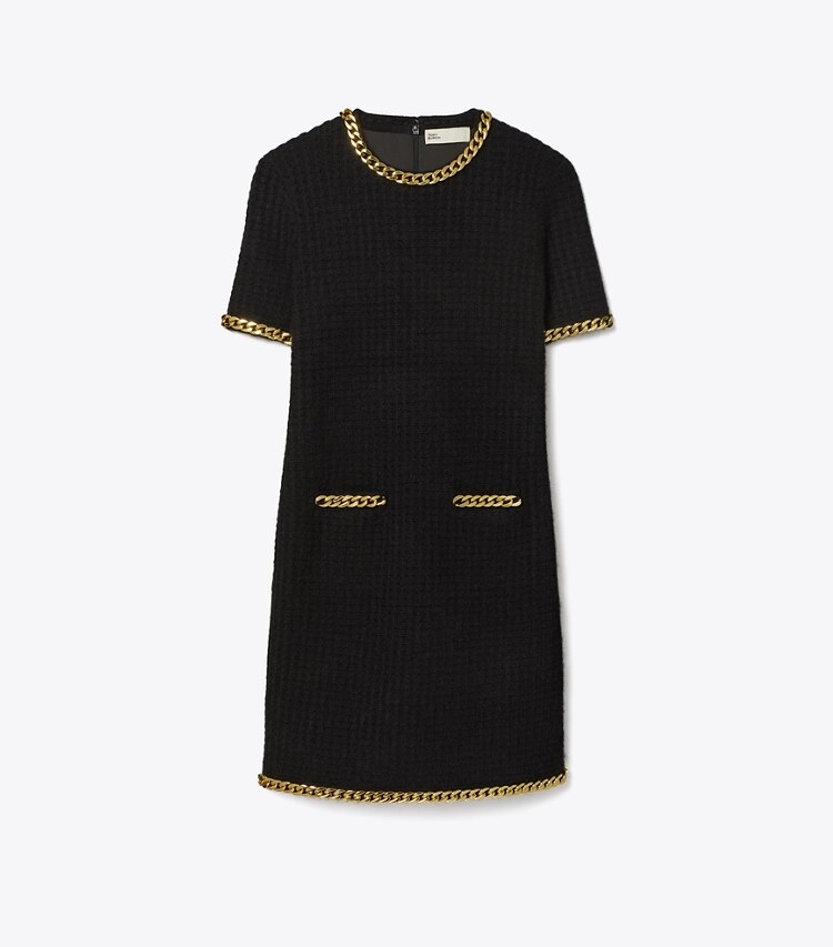 Tory Burch designer robes Robe en laine à ornement chaîne in Black front