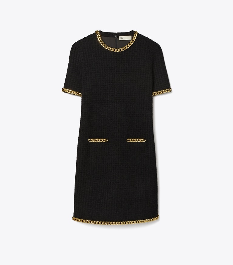 Tory Burch designer robes Robe en laine à ornement chaîne in Black front