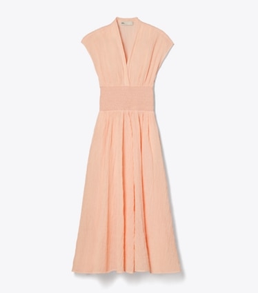 Tory Burch designer robes Robe en lin à encolure en V dans Melon de face