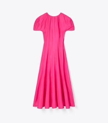 Tory Burch designer robes Robe en lin à manches bouffantes in Bold Pink front