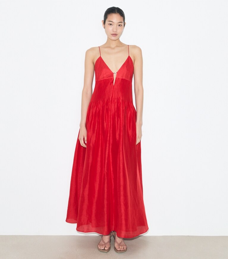 Tory Burch designer robes Robe en lin in Bright Red sur mannequin, devant