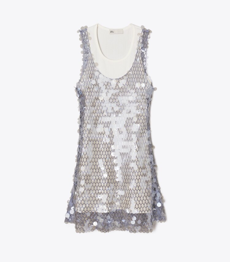 Tory Burch designer robes Robe en maille à sequins dans Snow White / Washed Sky de face