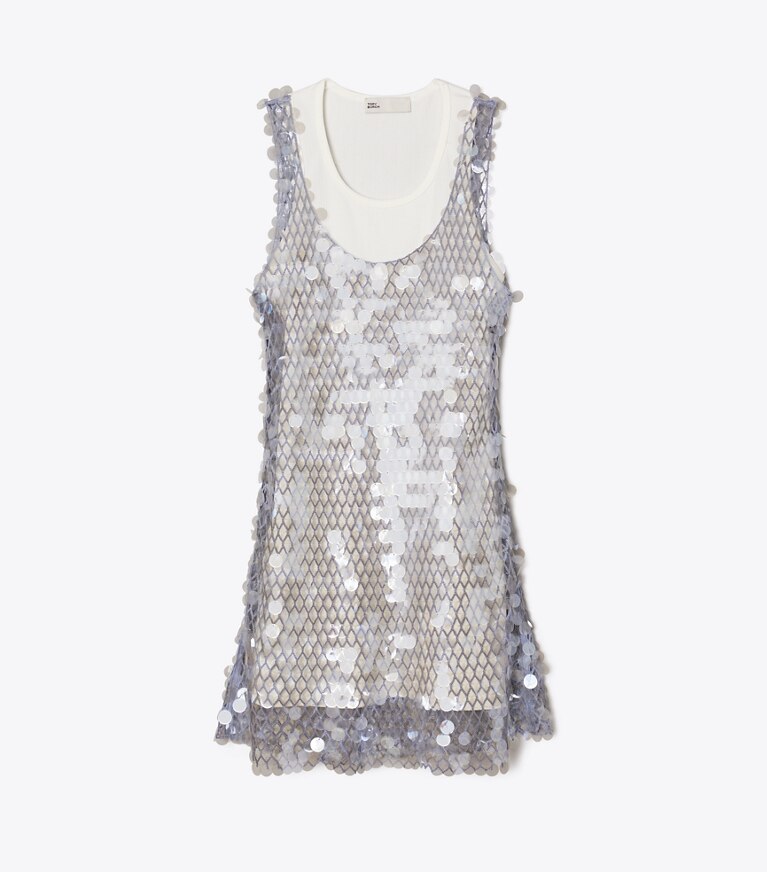 Tory Burch designer robes Robe en maille à sequins dans Snow White / Washed Sky de face