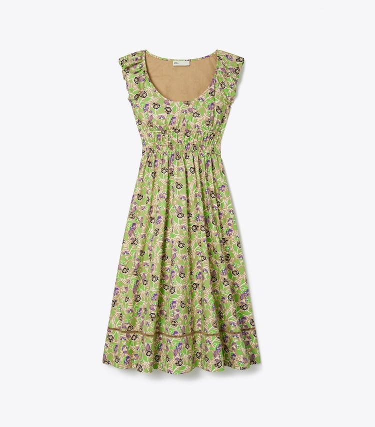 Tory Burch designer robes Robe en popeline de coton imprimé in Green Scribble Floral front