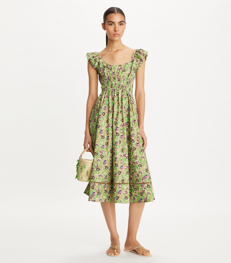 Tory Burch designer robes Robe en popeline de coton imprimé in Green Scribble Floral sur mannequin, devant