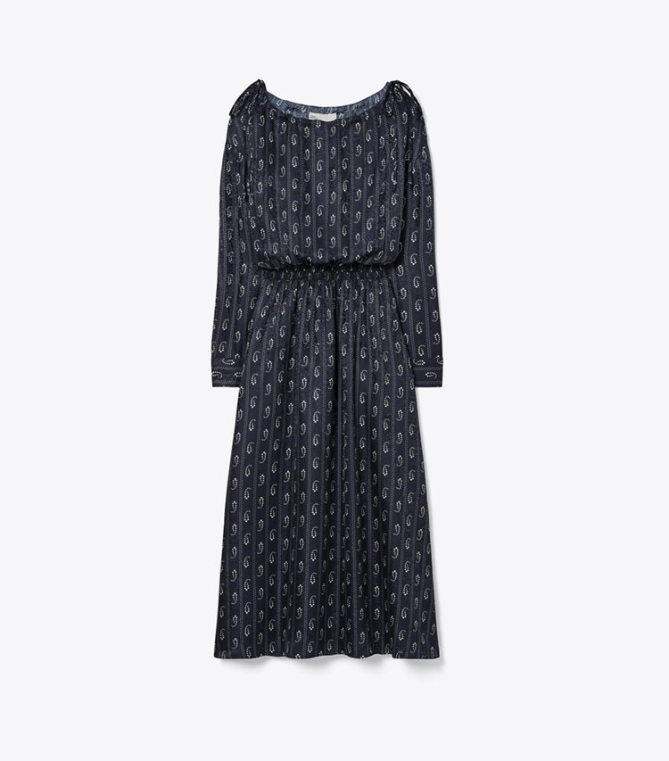 Tory Burch designer robes Robe en soie in Medium Navy Pajama Print front