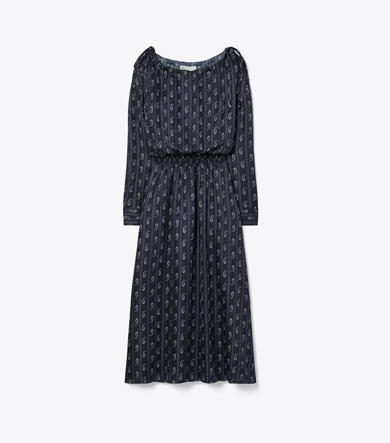 Tory Burch designer robes Robe en soie in Medium Navy Pajama Print front