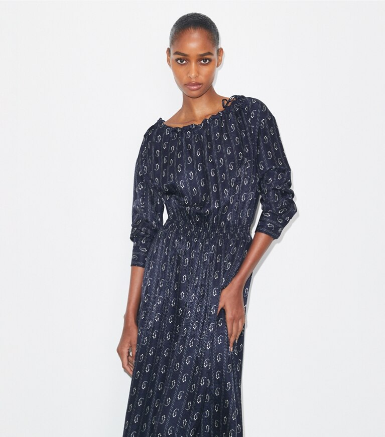 Tory Burch designer robes Robe en soie in Medium Navy Pajama Print front