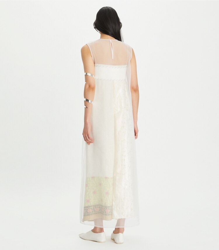 Tory Burch designer robes Robe en velours dévoré avec sur-robe transparente in New Ivory on model back