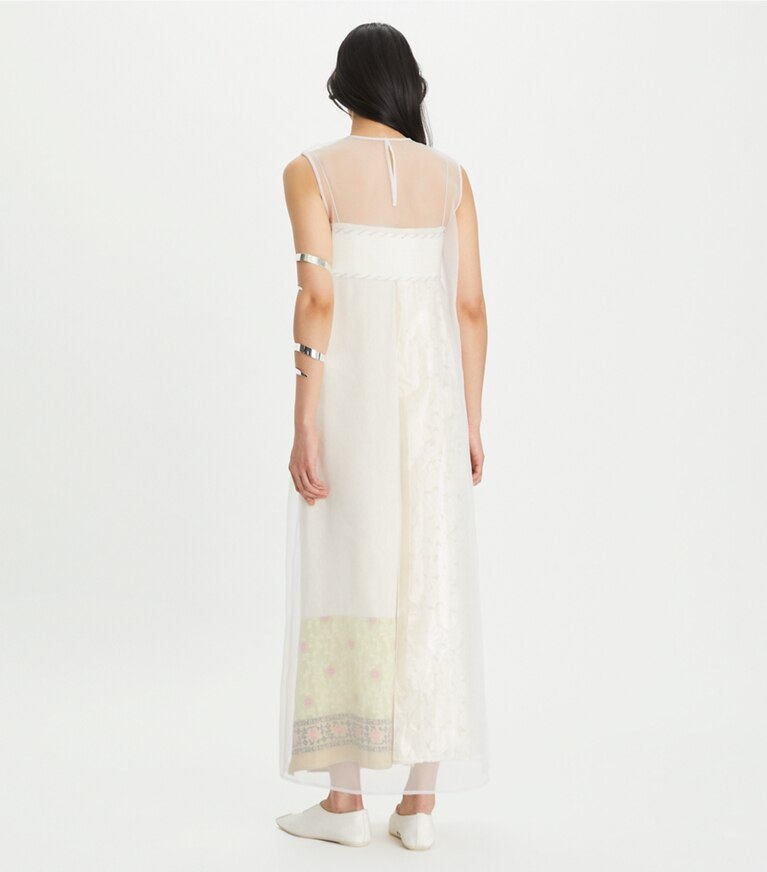 Tory Burch designer robes Robe en velours dévoré avec sur-robe transparente in New Ivory on model back