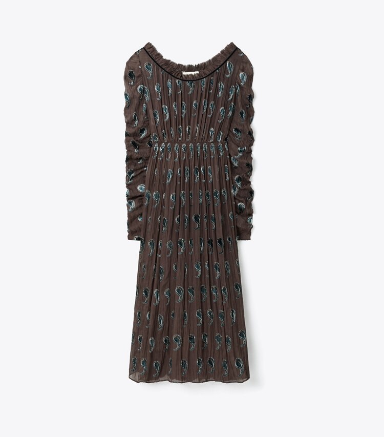 Tory Burch designer robes Robe en velours froncé dans Brown Paisley de face