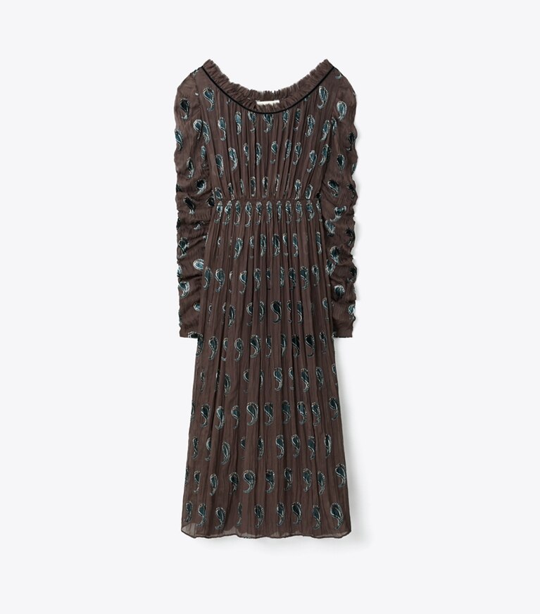 Tory Burch designer robes Robe en velours froncé dans Brown Paisley de face