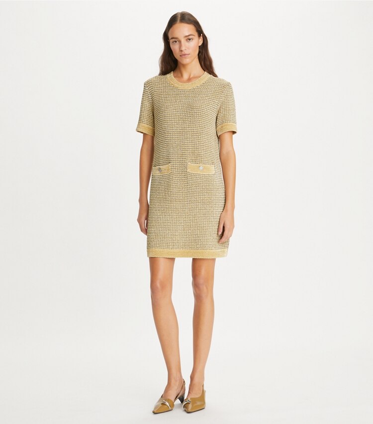 Tory Burch designer robes Robe en velours dans Ivory Chenille / Gray Metallic sur modèle, de face