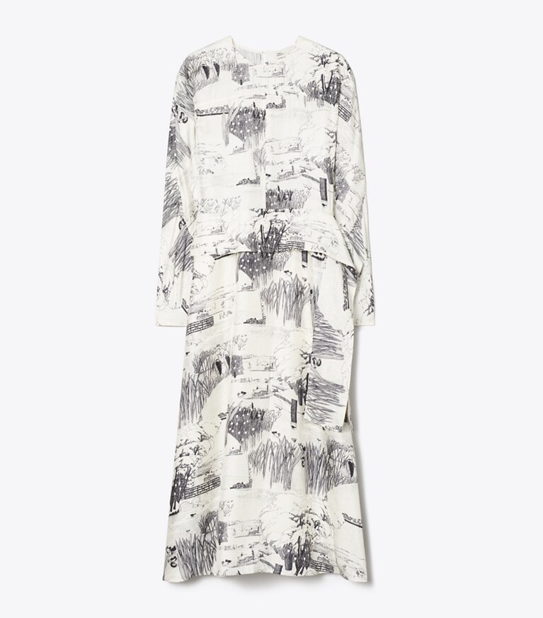 Tory Burch designer robes Robe imprimée en soie nouée à à taille in Ivory Forest front
