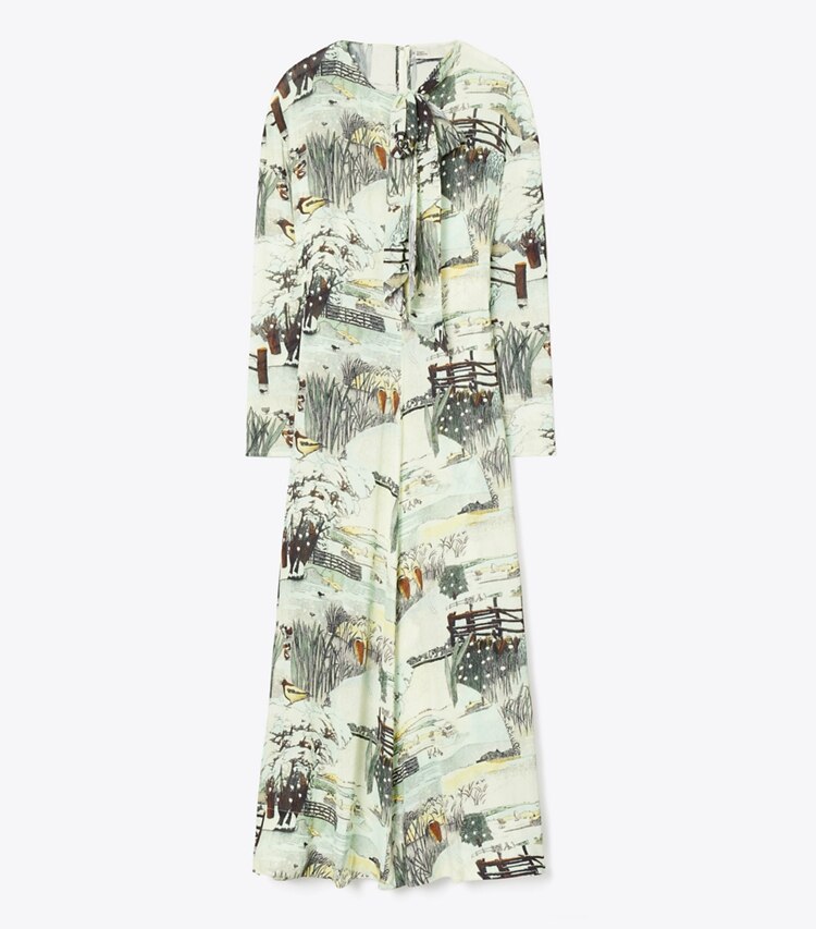Tory Burch designer robes Robe imprimée en viscose à nœud dans Yellow Forest de face
