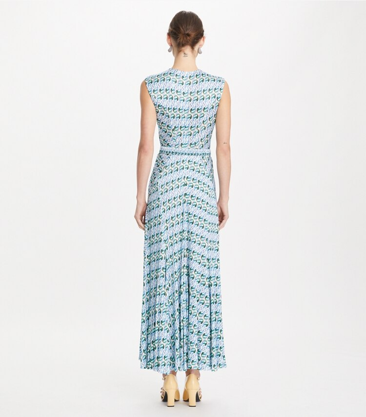 Tory Burch designer robes Robe Lucky Duck en viscose et soie in Blue Glass Swan Allover on model back