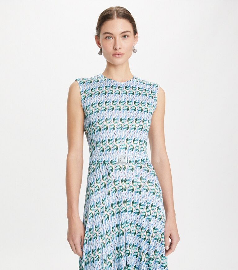 Tory Burch designer robes Robe Lucky Duck en viscose et soie in Blue Glass Swan Allover front