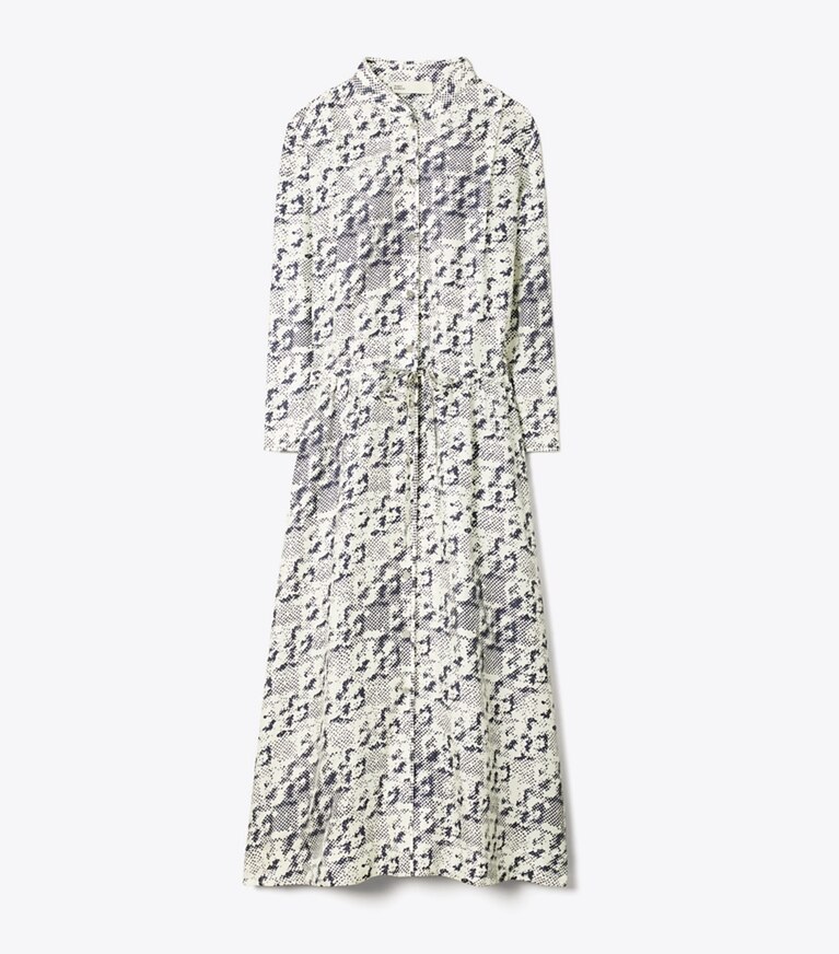 Tory Burch designer paréos Robe midi en soie in New Ivory Distressed Pixelated Logo front