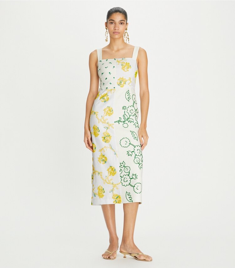 Tory Burch designer robes Robe patchwork à ornements in New Ivory sur mannequin, devant
