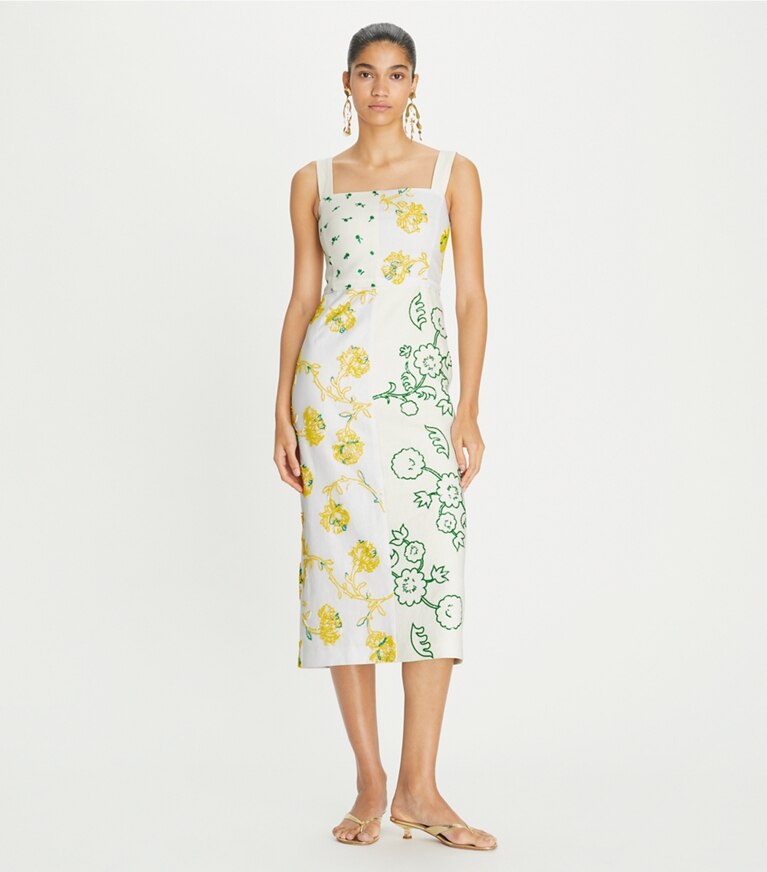Tory Burch designer robes Robe patchwork à ornements in New Ivory sur mannequin, devant