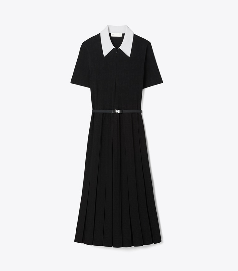 Tory Burch designer robes Robe plissée en pointelle T Monogram dans White / Black de face
